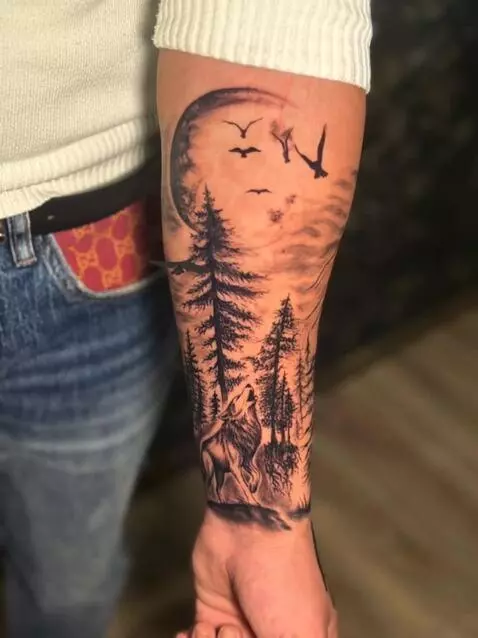 AI Video from prompt: Animate the existing tattoo design. The trees, b