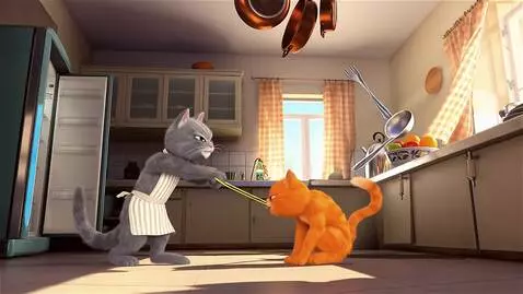 AI Video from prompt: Action (8 s): The gray cat-human launches a spoo
