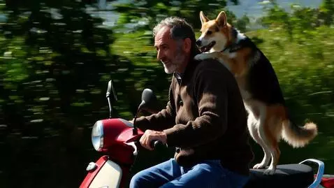 AI Video from prompt: Мужчина в возрасте 50-60 лет едет по дороге на м