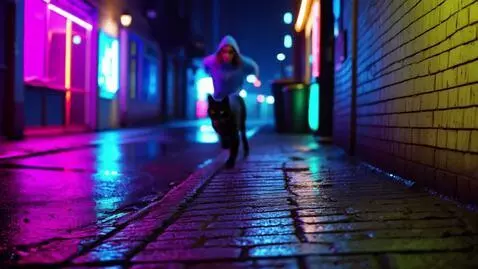 AI Video from prompt: Action (8s): A rainy night in a narrow neon-lit 