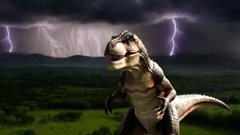 AI Video from prompt: Антро динозавр злобно улыбается и разводит с сто