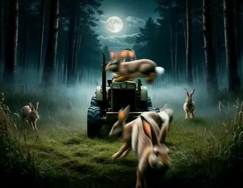 AI Video from prompt: зайцы запрыгивают в трактор и едут