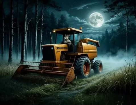 AI Video from prompt: комбайны едет, срезая траву ротором, заяц рулит 