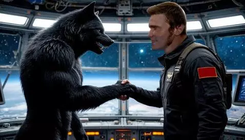 AI Video from prompt: Black werewolf and man shake hands with smile