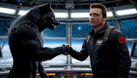 AI Video from prompt: Black werewolf and man shake hands and talk