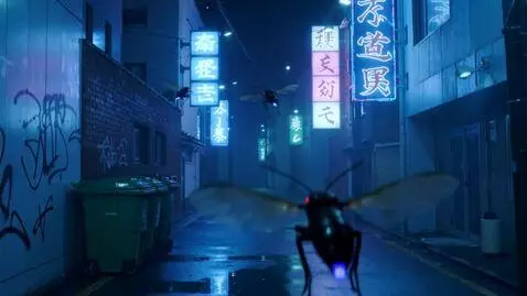 AI Video from prompt: неон,летающие сверчки