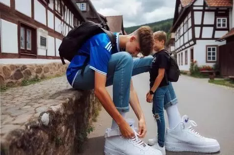 AI Video from prompt: ties his shoelaces and whispers in the little ma