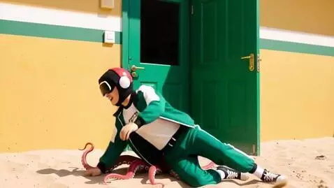 AI Video from prompt: Squid game player run to green door and fall to 