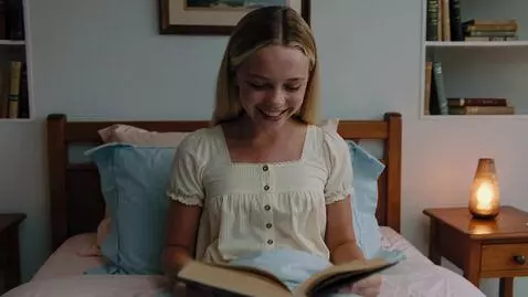 AI Video from prompt: Девушка блондинка, в своей спальне читает книгу,