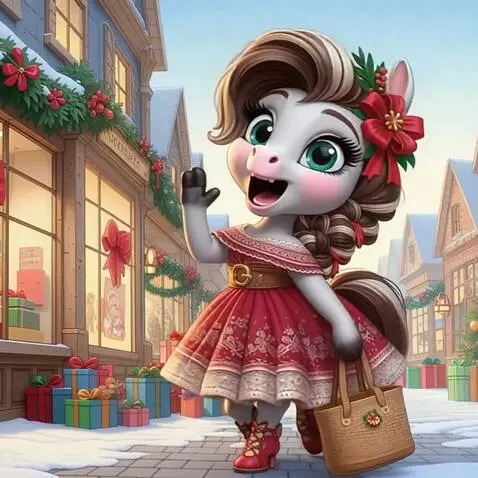 AI Video from prompt: Лошадь смеется и идет в магазин за подарками