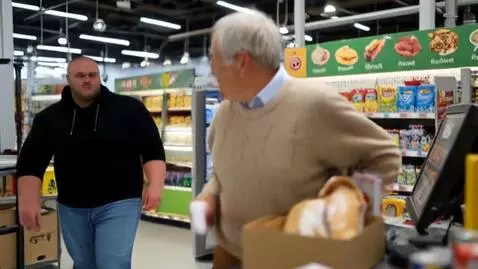 AI Video from prompt: in the supermarket, a grandfather with a gorgeou