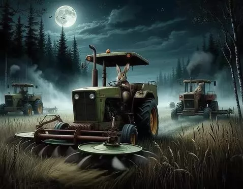 AI Video from prompt: зайцы рулят сенокосилками и ездят на них вокруг 