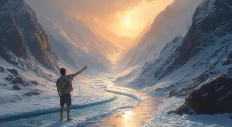 AI Video from prompt: A frozen river is climbing up the snow-covered m