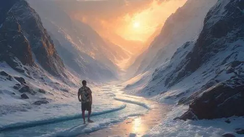 AI Video from prompt: A frozen river is climbing up the snow-covered m