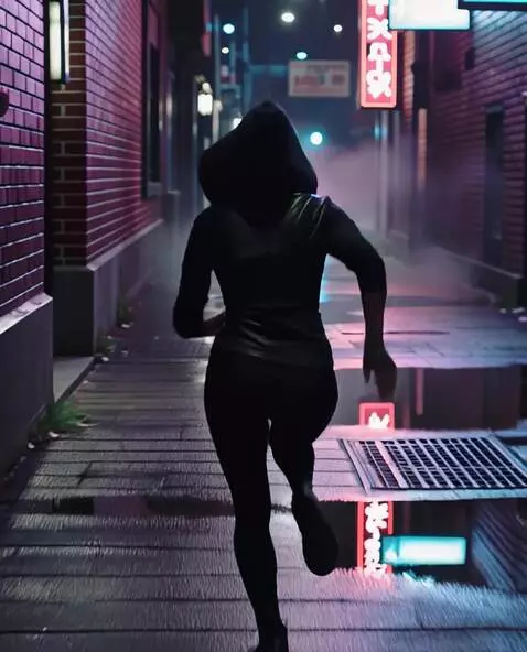 AI Video from prompt: A rainy night in a narrow neon-lit alley. A real
