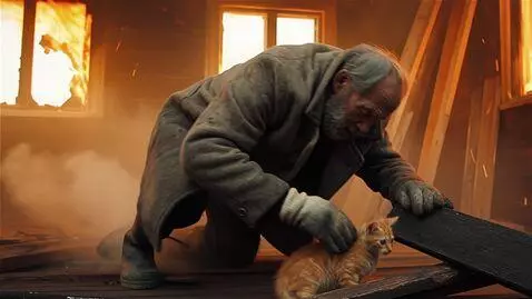 AI Video from prompt: Дедушка спасает котёнка из горящего дома