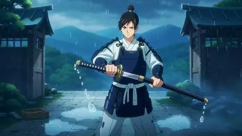 AI Video from prompt: Anime samurai drawing a katana in a rainy day