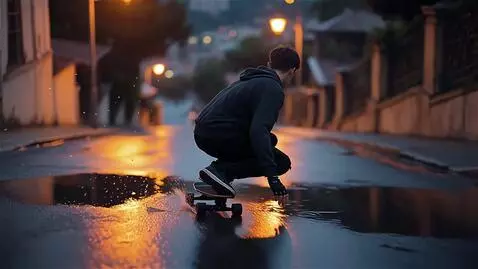 AI Video from prompt: A skater in the rain in the light of the streetl