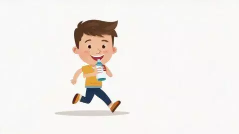 AI Video from prompt: A boy runs into the frame, drinks milk, smiles, 