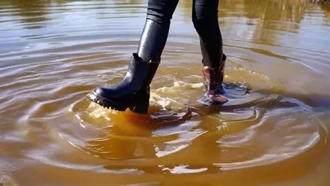 AI Video from prompt: девушка в больших черных башмаках идет по меду и