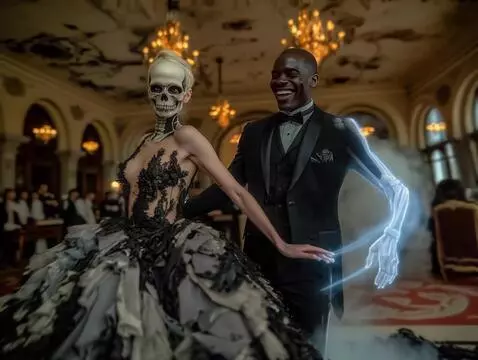 AI Video from prompt: A gothic, cinematic scene of a beautiful skeleto