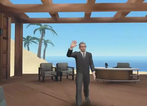 AI Video from prompt: Have the talk show host wave and sit down at his