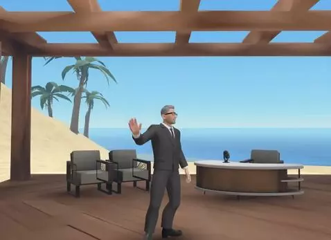 AI Video from prompt: Have the talk show host wave and sit down at his