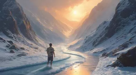 AI Video from prompt: A frozen, icy river, laying between the snow-cov