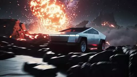 AI Video from prompt: In a dramatic sci-fi scene, a sleek Tesla Cybert