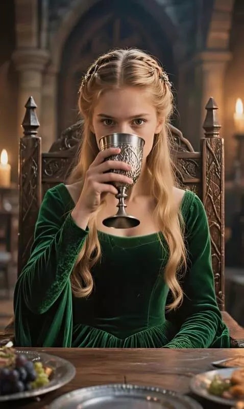 AI Video from prompt: The girl empties the cup, then abruptly puts it 