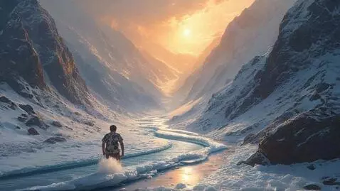 AI Video from prompt: A frozen, icy river, laying between the snow-cov