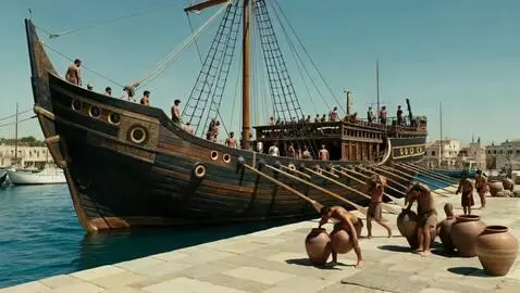 AI Video from prompt: Cinematic wide shot of the bustling ancient Gree