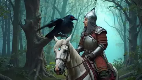 AI Video from prompt: A raven speaks to a warrior, its eye flashing wi