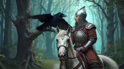 AI Video from prompt: A raven narrates something at length to a warrio