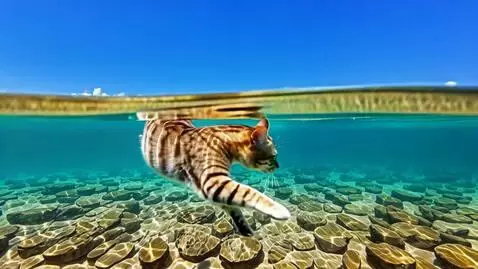 AI Video from prompt: Scene slowly transition into cat swimming under 