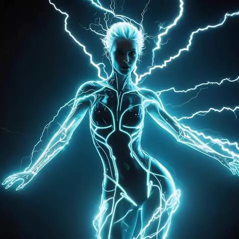 AI Video from prompt: 5-second video, a woman composed of glowing biol