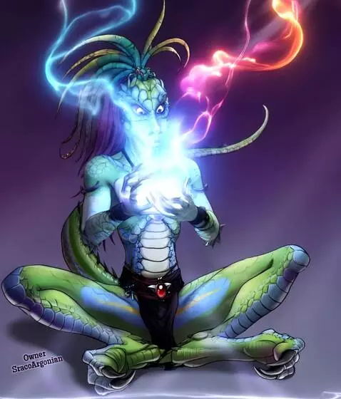 AI Video from prompt: Argonian dude setting and practicing magic of co