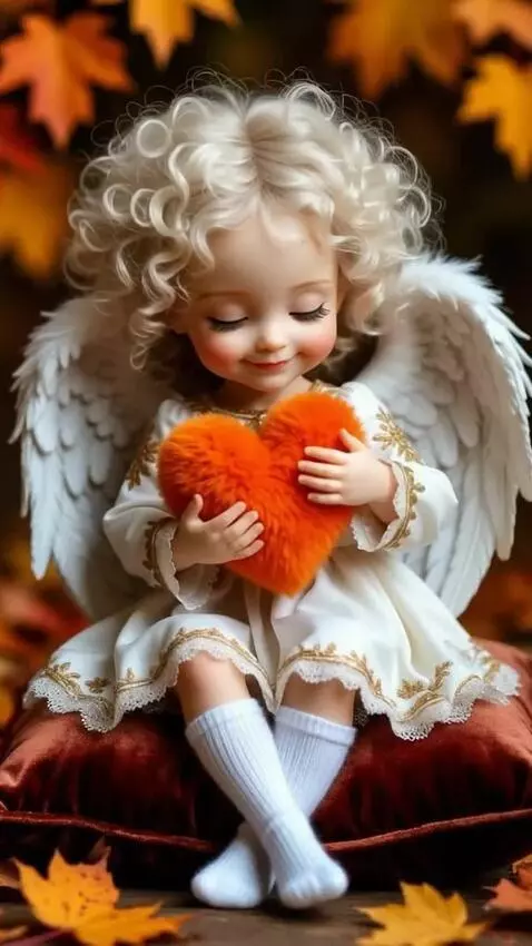 AI Video from prompt: Ангел улыбается и прижимает сердечко к себе и за