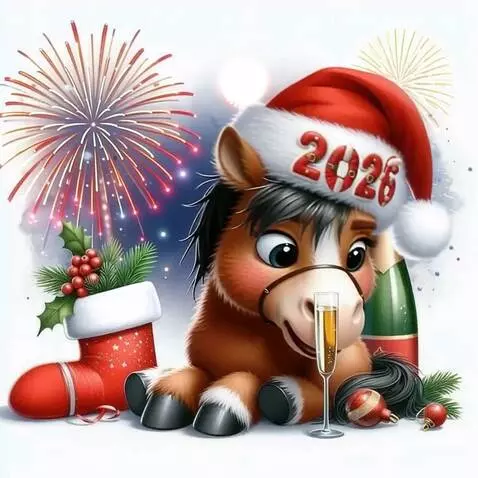 AI Video from prompt: Новогодний салют и лошадь пьет шампанское