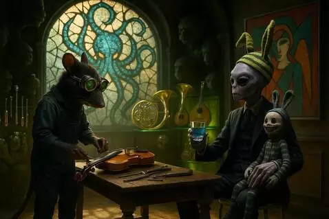 AI Video from prompt: The rat slowly tunes string on violin. Doll reac