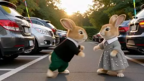 AI Video from prompt: Два милых пушистых светло-коричневых зайца на за