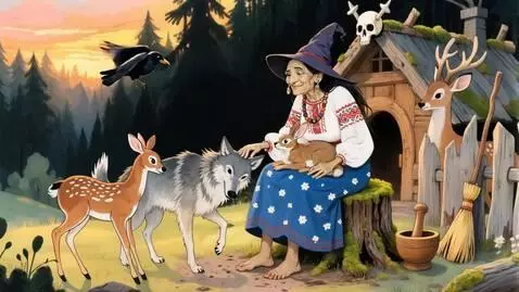 AI Video from prompt: A witch strokes a wolf's head, the wolf wags its