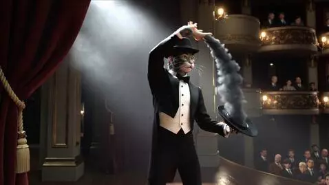 AI Video from prompt: A humanoid dark-striped cat in a black tuxedo st