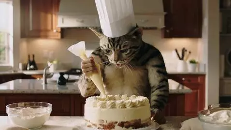 AI Video from prompt: A humanoid dark-striped cat in a chef’s hat deco