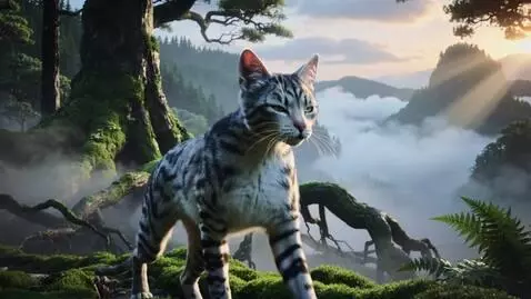 AI Video from prompt: A humanoid dark-striped cat walks through a mist