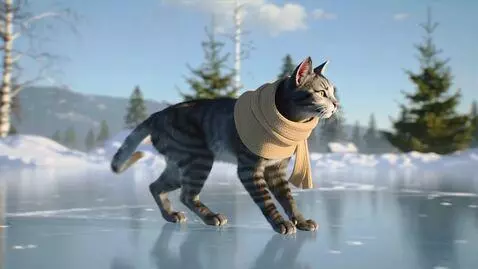 AI Video from prompt: A humanoid dark-striped cat in a cozy scarf glid
