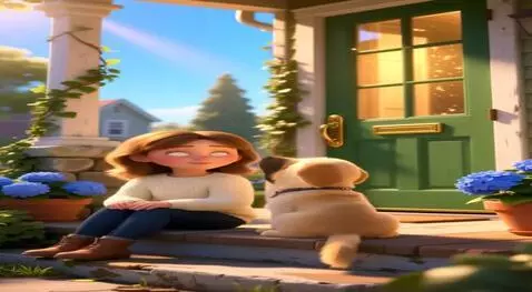 AI Video from prompt: Девочка подходит к собаке и садиться рядом на ст