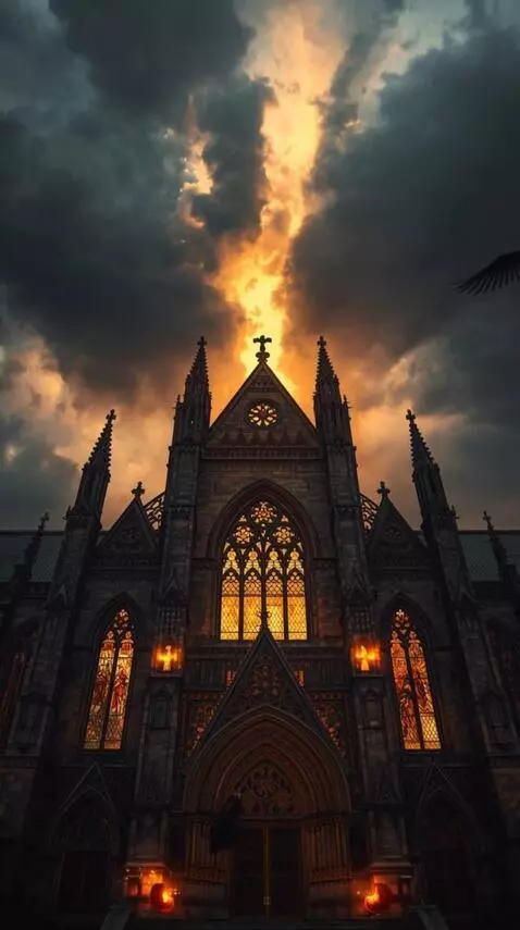 AI Video from prompt: Вечерняя сцена у замка. Камера медленно следует 