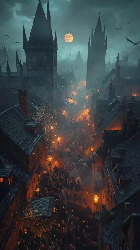 AI Video from prompt: A festive crowd moves along the street, bats fly