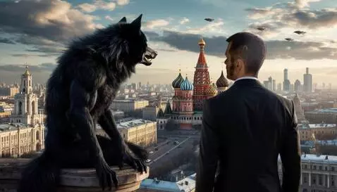 AI Video from prompt: Black werewolf and man look in the sky where fou